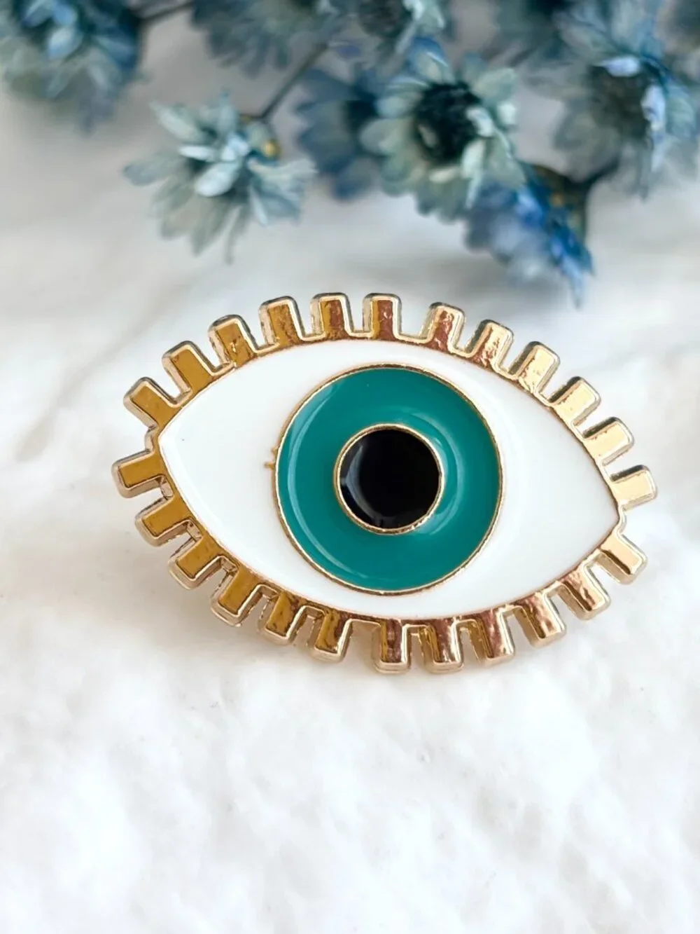 Evil Eye Enameled Blue Eye Good Luck Mati Shield Gold Toned Brooch Lapel Pin